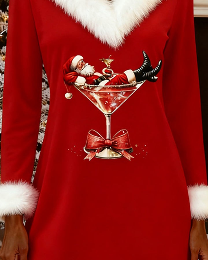 Chrissy | Christmas Print Fur Collar Dress