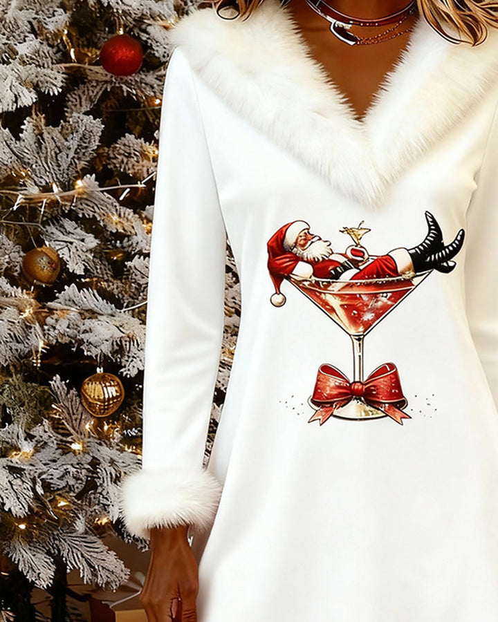 Chrissy | Christmas Print Fur Collar Dress